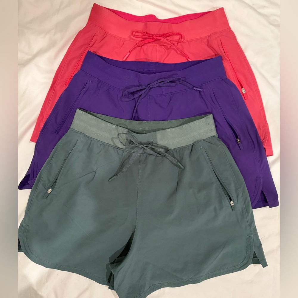 lululemon athletica Trio of Drawstring Performance Shorts - Coral, Purple, Slate